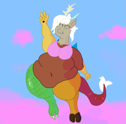 Size: 807x795 | Tagged: safe, artist:lupin quill, imported from derpibooru, discord, anthro, bbw, big belly, bra, busty eris, clothes, cloud, cotton candy, cotton candy cloud, eris, fat, female, food, happy, huge eris, peace sign, rule 63, solo, underwear