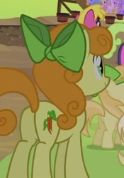 Size: 229x327 | Tagged: safe, imported from derpibooru, screencap, carrot top, cherry berry, daisy, flower wishes, golden harvest, noi, pony, sisterhooves social, bow, butt, cutie top, female, goldenbutt, hair bow, mare, plot, solo focus