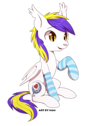 Size: 965x1371 | Tagged: safe, artist:sion, imported from derpibooru, oc, oc only, oc:juby skylines, bat pony, pony, clothes, confused, cute, socks, solo, striped socks