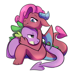 Size: 1000x1000 | Tagged: safe, artist:little-tweenframes, deleted from derpibooru, imported from derpibooru, mina, spike, dragon, blushing, couple, cuddling, female, floppy ears, hug, lidded eyes, looking down, male, shipping, simple background, sitting, smiling, spina, spread wings, straight, transparent background