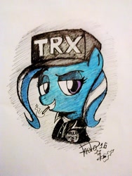 Size: 720x960 | Tagged: safe, artist:suicidemachine363, imported from derpibooru, trixie, pony, unicorn, cigarette, clothes, female, looking at you, mare, smoking, solo, traditional art