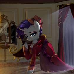 Size: 1000x1000 | Tagged: safe, artist:yuntaoxd, deleted from derpibooru, imported from derpibooru, merry, rarity, spike, pony, unicorn, a hearth's warming tail, alcohol, bedroom, bedroom eyes, blushing, brush, choker, clothes, curtain, curtains, eyeshadow, fainting couch, fan, female, hat, implied sparity, looking at you, makeup, mare, mirror, perfume, rug, silhouette, solo, window, wine, wine bottle, wine glass