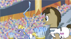 Size: 856x471 | Tagged: safe, imported from derpibooru, screencap, doctor whooves, stormbreaker, time turner, pony, equestria games (episode), equestria games, ice arrows, male, stallion
