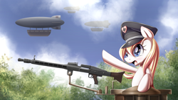 Size: 3600x2026 | Tagged: safe, artist:aryanne, imported from derpibooru, oc, oc only, oc:aryanne, earth pony, pony, airship, aryan pony, cloud, fascism, female, forest, germany, gun, hat, heart, heil, machine gun, mg-42, nazi, pinup, reich, salute, sieg heil, sky, solo, starry eyes, swastika, tank (vehicle), wallpaper, we are going to heil, weapon, wingding eyes, zeppelin