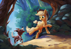 Size: 1200x824 | Tagged: dead source, safe, artist:maggwai, imported from derpibooru, applejack, winona, earth pony, pony, looking at each other, open mouth, running, scenery, tongue out, tree, underhoof