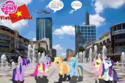 Size: 900x600 | Tagged: safe, artist:trungtranhaitrung, imported from derpibooru, applejack, derpy hooves, fluttershy, pinkie pie, rainbow dash, rarity, twilight sparkle, alicorn, pony, clothes, female, fountain, gif, helicopter, ho chi minh city, irl, language, mane six, mare, non-animated gif, photo, ponies in real life, quotes, skyscraper, swimsuit, talking, tower, twilight sparkle (alicorn), vector, vietnam, wet, wet mane, wet mane rarity
