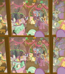 Size: 1920x2160 | Tagged: safe, imported from derpibooru, screencap, baroque cloak, bon bon, bonnie rose, buttercake blush, evening stroll, flutterholly, fluttershy, lyra heartstrings, merry, octavia melody, paraviolet, pinkie pie, rainbow dash, rarity, rising yeast, snowdash, snowfall frost, spirit of hearth's warming presents, starlight glimmer, sweetie drops, pony, a hearth's warming tail, animation error, background pony, eagle eye, looking through the window, unnamed character, unnamed pony, window