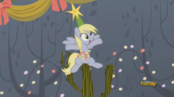 Size: 1477x826 | Tagged: safe, edit, edited screencap, imported from derpibooru, screencap, derpy hooves, pegasus, pony, a hearth's warming tail, cactus, christmas lights, dendrophilia, derpy star, discovery family logo, female, fetish, hat, literal butthurt, mare, pain, photoshop, solo, stars, this will end in pain, this will end in pain and/or death