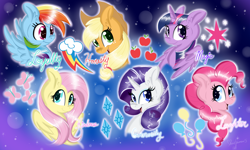 Size: 2500x1500 | Tagged: safe, artist:pvrii, artist:silent-shadow-wolf, imported from derpibooru, applejack, fluttershy, pinkie pie, rainbow dash, rarity, twilight sparkle, alicorn, pony, cutie mark, elements of harmony, female, mane six, mare, twilight sparkle (alicorn)