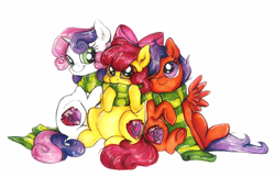 Size: 1136x732 | Tagged: safe, artist:buttersprinkle, imported from derpibooru, apple bloom, scootaloo, sweetie belle, clothes, cute, cutie mark, cutie mark crusaders, scarf, shared clothing, shared scarf, the cmc's cutie marks, traditional art