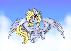 Size: 1024x743 | Tagged: safe, artist:pinipy, imported from derpibooru, derpy hooves, pegasus, pony, cloud, female, flying, mare, solo, tongue out