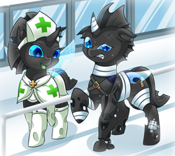 Size: 1800x1596 | Tagged: safe, artist:vavacung, imported from derpibooru, changeling, amputee, bandage, hospital, nurse, prosthetics, recovery, rehab