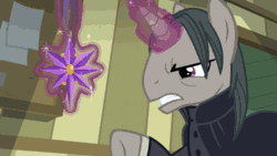 Size: 768x432 | Tagged: safe, imported from derpibooru, screencap, professor flintheart, snowfall frost, starlight glimmer, a hearth's warming tail, animated, classroom, decoration, destruction, female, filly, filly starlight glimmer, floppy ears, levitation, little crackly pieces, magic, puppy dog eyes, pure unfiltered evil, ribbon, sad, school, severus snape, slow motion, stars, telekinesis, younger