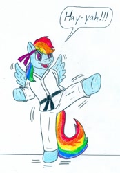 Size: 704x1010 | Tagged: safe, artist:jose-ramiro, imported from derpibooru, rainbow dash, anthro, black belt, clothes, female, gi, headband, karate, pants, robe, simple background, solo, trousers, white background