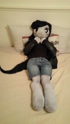 Size: 2988x5312 | Tagged: safe, artist:bigsexyplush, artist:somethingaboutoctavia, imported from derpibooru, octavia melody, anthro, absurd resolution, anthro plushie, bed, bedroom eyes, biker, clothes, cute, denim, doll, female, frightened, irl, jacket, leather, leather jacket, photo, plushie, scared, shirt, shorts, silly, solo, tavibetes, toy