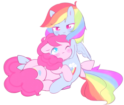 Size: 1175x1003 | Tagged: safe, artist:ssapphic, imported from derpibooru, pinkie pie, rainbow dash, blushing, female, floppy ears, hug, lesbian, pinkiedash, shipping, simple background