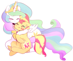 Size: 1208x1006 | Tagged: dead source, safe, artist:ssapphic, imported from derpibooru, princess celestia, sunset shimmer, alicorn, pony, unicorn, blushing, crying, cute, cutelestia, eyes closed, floppy ears, forgiveness, hug, momlestia fuel, shimmerbetes, smiling, ssapphic is trying to murder us, tears of joy