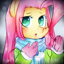 Size: 1024x1024 | Tagged: safe, artist:enyelita, imported from derpibooru, fluttershy, anthro, pegasus, clothes, cold, female, gloves, scarf, solo