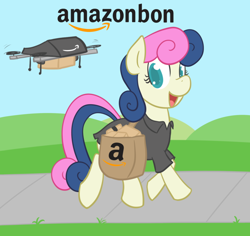 Size: 760x718 | Tagged: safe, artist:atlur, deleted from derpibooru, imported from derpibooru, bon bon, sweetie drops, earth pony, pony, amazon.com, bag, bonafied, bonpun, colored pupils, drone, looking at you, open mouth, parcel, pun, saddle bag, smiling, solo