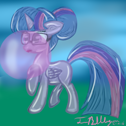 Size: 1000x1000 | Tagged: safe, artist:twibubblegum, imported from derpibooru, sci-twi, twilight sparkle, balloon pony, pony, equestria girls, bubble, bubblegum, equestria girls ponified, female, food, glasses, gum, hair bun, ponified, solo