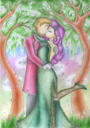 Size: 1637x2326 | Tagged: safe, artist:sinaherib, imported from derpibooru, big macintosh, fluttershy, human, clothes, dress, female, fluttermac, humanized, kissing, male, shipping, straight, traditional art