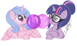 Size: 1500x900 | Tagged: safe, artist:twibubblegum, imported from derpibooru, sci-twi, twilight sparkle, oc, oc:sugarless bubblegum, alicorn, pony, unicorn, equestria girls, alicorn oc, bubble kiss, bubblegum, canon x oc, equestria girls ponified, food, glasses, gum, hair bun, ponified, shipping, simple background, transparent background, unicorn sci-twi