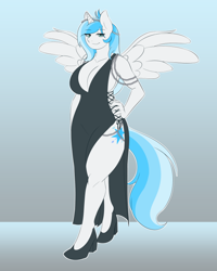 Size: 640x800 | Tagged: safe, artist:lunis1992, imported from derpibooru, oc, oc only, oc:lyoko hope, alicorn, anthro, plantigrade anthro, alicorn oc, anthro oc, beads, bedroom eyes, big breasts, black dress, breasts, clothes, commission, dress, female, multicolored hair, solo