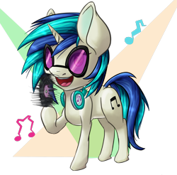 Size: 2003x1974 | Tagged: safe, artist:itresad, imported from derpibooru, dj pon-3, vinyl scratch, pony, unicorn, abstract background, background pony, cute, cutie mark, female, headphones, hooves, horn, mare, music notes, open mouth, raised hoof, record, simple background, solo, spinning, sunglasses, transparent background