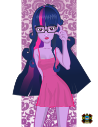 Size: 900x1165 | Tagged: safe, artist:demorck, imported from derpibooru, sci-twi, twilight sparkle, equestria girls, clothes, dress, female, glasses, loose hair, solo