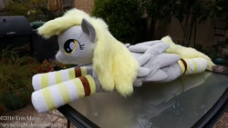 Size: 1024x576 | Tagged: safe, artist:neysanight, imported from derpibooru, derpy hooves, pegasus, pony, clothes, female, irl, life size, mare, photo, plushie, prone, socks, striped socks