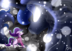 Size: 4960x3507 | Tagged: safe, artist:multraven94, imported from derpibooru, princess luna, snowfall frost, spirit of hearth's warming yet to come, starlight glimmer, a hearth's warming tail, absurd resolution, breath, clothes, glowing eyes, magic, snow, snowfall