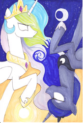 Size: 1024x1518 | Tagged: safe, artist:ihaveaninkling, imported from derpibooru, princess celestia, princess luna, glowing eyes, raised hoof, traditional art, yin-yang