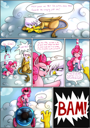 Size: 2894x4107 | Tagged: safe, artist:novaspark, imported from derpibooru, gilda, pinkie pie, griffon, comic:pinkie's plot plan, absurd resolution, abuse, comic, flying contraption, gildabuse, party cannon, pinkie being pinkie