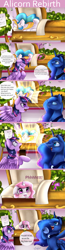 Size: 900x3469 | Tagged: safe, artist:pridark, imported from derpibooru, princess celestia, princess luna, twilight sparkle, alicorn, pony, :p, angry, bipedal, blushing, cewestia, coffin, comic, crying, cute, cutelestia, eating, everything went better than expected, eyes closed, female, filly, floppy ears, flower, funeral, glare, glow, glowing, headcanon, horses doing horse things, huzzah, levitation, magic, mare, nom, onomatopoeia, open mouth, pink-mane celestia, raspberry, raspberry noise, rebirth, regeneration, reincarnation, rest in peace, shocked, smiling, spread wings, telekinesis, tongue out, twilight sparkle (alicorn), wide eyes