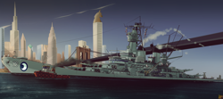 Size: 2400x1066 | Tagged: safe, artist:ruhisu, imported from derpibooru, battleship, boat, bridge, digital, fanfic, fanfic art, manehattan, montana, moon, navy, no pony, royal equestrian navy, scenery, ship, skyline, skyscraper, tugboat, uss montana, world of warships