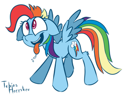 Size: 2900x2160 | Tagged: safe, artist:fakskis, imported from derpibooru, rainbow dash, newbie dash, behaving like pinkie pie, cute, drool, dynamic dash, ear fluff, excited, female, floppy ears, solo, tongue out, wings