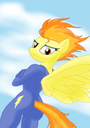 Size: 750x1066 | Tagged: safe, artist:theroyalprincesses, imported from derpibooru, spitfire, anthro, ass, butt, clothes, crossed arms, female, firebutt, looking at you, looking back, looking down, sexy, solo, spitfire is not amused, stupid sexy spitfire, tight clothing, unamused, wonderbolts uniform