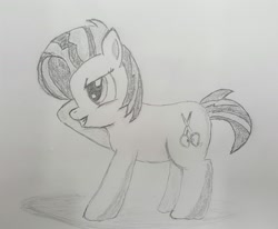 Size: 2462x2031 | Tagged: safe, artist:darelith, imported from derpibooru, babs seed, cutie mark, female, monochrome, pencil drawing, raised hoof, sketch, solo, traditional art