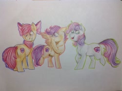 Size: 2592x1936 | Tagged: safe, artist:klassuu-limon, imported from derpibooru, apple bloom, scootaloo, sweetie belle, crying, cutie mark, cutie mark crusaders, open mouth, tears of joy, the cmc's cutie marks, traditional art