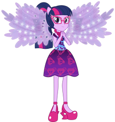 Size: 3000x3180 | Tagged: safe, artist:crimsumic, imported from derpibooru, sci-twi, twilight sparkle, equestria girls, legend of everfree, clothes, female, glasses, high heels, ponied up, scitwilicorn, simple background, solo, sparkling, transparent background, vector, wings