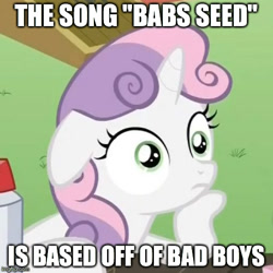 Size: 500x500 | Tagged: safe, imported from derpibooru, babs seed, sweetie belle, unicorn, exploitable meme, female, filly, image macro, meme, obligatory pony, solo, sudden clarity sweetie belle