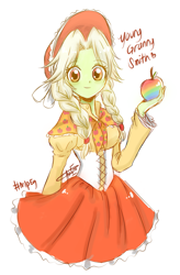 Size: 829x1264 | Tagged: safe, artist:aizy-boy, imported from derpibooru, granny smith, equestria girls, adorasmith, apple, cute, female, food, solo, young granny smith, younger, zap apple