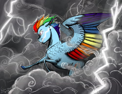 Size: 1600x1235 | Tagged: safe, artist:earthsong9405, imported from derpibooru, rainbow dash, pegasus, pony, colored wings, colored wingtips, female, floppy ears, flying, lightning, mare, multicolored wings, profile, rainbow wings, shoulder feathers, signature, solo, stormcloud