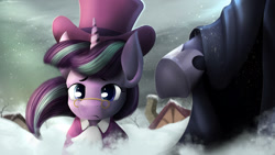 Size: 2000x1125 | Tagged: safe, artist:blackligerth, imported from derpibooru, princess luna, snowfall frost, spirit of hearth's warming yet to come, starlight glimmer, pony, unicorn, a hearth's warming tail, glasses, hat, offscreen character, pince-nez, scene interpretation, snow, snowfall, top hat