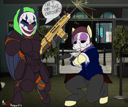 Size: 2394x2000 | Tagged: safe, artist:mr.smile, imported from derpibooru, armor, assault rifle, bank, bank robbery, body armor, bodyarmor, chains, chains (payday), clown mask, dialogue, game screencap, gun, harvest and trustee, houston, mask, payday, payday 2, pistol, rifle, screencap background, speech bubble, weapon