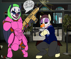 Size: 2394x2000 | Tagged: safe, alternate version, artist:mr.smile, imported from derpibooru, armor, assault rifle, bank robbery, body armor, bodyarmor, chains, chains (payday), clown mask, dialogue, gun, harvest and trustee, houston, mask, payday, payday 2, pistol, recolor, rifle, speech bubble, weapon