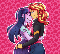 Size: 2682x2410 | Tagged: safe, artist:overlordneon, imported from derpibooru, sunset shimmer, twilight sparkle, equestria girls, blushing, cute, duo, eyes closed, female, hug, lesbian, shimmerbetes, shipping, sunsetsparkle, twiabetes