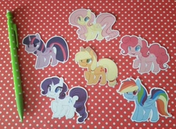 Size: 960x702 | Tagged: safe, artist:ellesdoodlebox, imported from derpibooru, applejack, fluttershy, pinkie pie, rainbow dash, rarity, twilight sparkle, alicorn, pony, female, irl, mane six, mare, photo, sticker, twilight sparkle (alicorn)