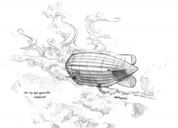 Size: 1400x1009 | Tagged: safe, artist:baron engel, imported from derpibooru, airship, cloudsdale, grayscale, monochrome, no pony, pencil drawing, scenery, scenery porn, sky shad, story in the source, traditional art