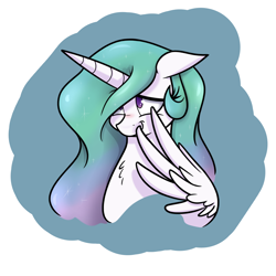 Size: 1250x1250 | Tagged: safe, artist:bellspurgebells, imported from derpibooru, princess celestia, bashful, blushing, covering, cute, cutelestia, embarrassed, female, floppy ears, shy, smiling, solo, thank you, wing hands